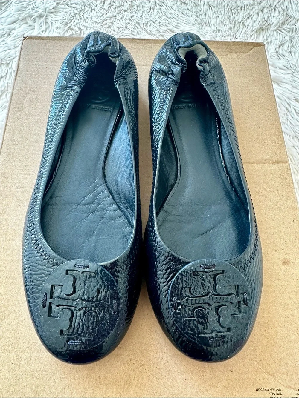 TORY BURCH Reva Black Patent Leather Logo Ballet Flats Shoes Size 9